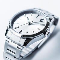 Silver stainless steel watch with minimalist design and sleek finish on display photo