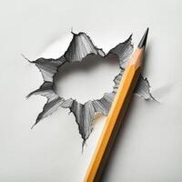 Creative drawing of a pencil breaking through paper with a realistic torn edge effect photo