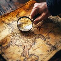 Exploring an antique map with a magnifying glass during a quiet afternoon indoors photo