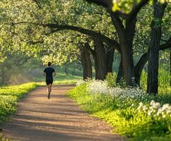 Man jogging along a tree-lined path surrounded by blooming flowers during early morning light photo