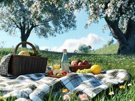 Sunny picnic under blooming trees with fresh fruits and drinks photo