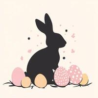 Easter bunny silhouette surrounded by colorful eggs and flowers on a pastel background photo