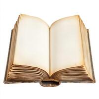 Old book with blank pages opened on display, highlighting the texture and craftsmanship of its binding and paper photo