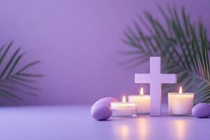 decorativo arreglo con velas y cruzar en un púrpura antecedentes presentando palma hojas foto