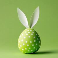 Decorative green polka dot egg with paper ears on a light green background for Easter celebration preparations photo