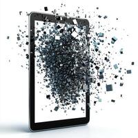 Digital transformation represented by exploding tablet with pixelated particles floating around photo