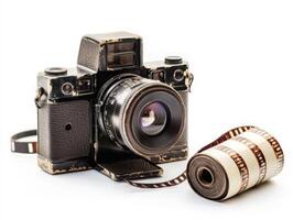 Vintage camera with film roll showcasing classic photography equipment from the past photo