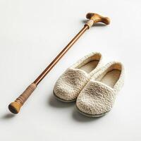 Comfortable slippers and a wooden cane on a light background in a cozy indoor setting photo
