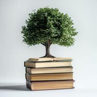 Books supporting a tree symbolize the importance of knowledge and nature in a minimalist setting photo