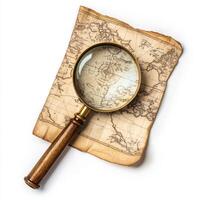 Magnifying glass rests on vintage map highlighting exploration and discovery of new lands photo