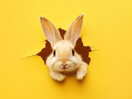 Cute rabbit emerging from a yellow background, showcasing playful curiosity and charm in a whimsical setting photo