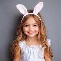 Young girl wearing bunny ears smiles joyfully in a bright, cheerful setting capturing the essence of playful innocence photo
