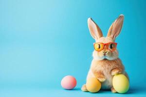Cute bunny with glasses sitting between colorful Easter eggs against a bright blue background photo