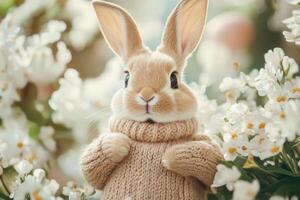Cute rabbit wearing a cozy sweater surrounded by blooming flowers in a vibrant garden during springtime photo
