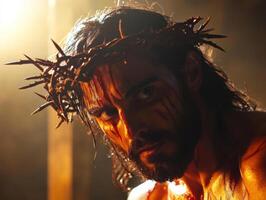 Man with crown of thorns faces the camera during a dramatic reenactment of a historical event photo