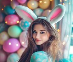Young woman wearing bunny ears poses cheerfully in a colorful Easter-themed setting with decorated eggs photo