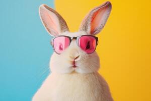 Cool bunny wearing pink sunglasses poses against a bright blue and yellow background in a playful atmosphere photo