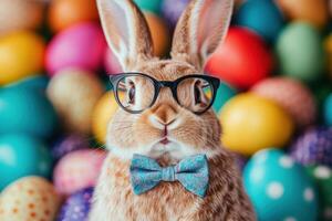 Rabbit wearing glasses and bow tie surrounded by colorful Easter eggs in a festive setting photo