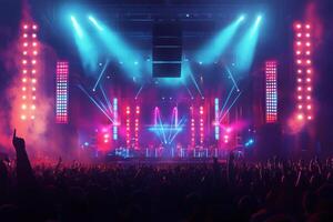 Energetic concert at a lively venue with vibrant lights and a cheering crowd enjoying a night of music and entertainment photo