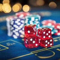 Red dice and colorful poker chips on a blue casino table during an evening game night photo