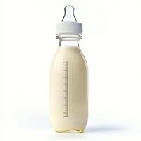 Baby bottle filled with milk placed on a clean surface in a bright, minimalist setting photo