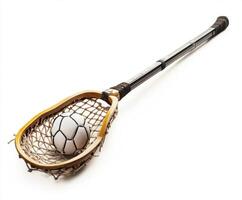 Unusual combination of lacrosse stick and soccer ball creates unique sports contrast in playful setting photo