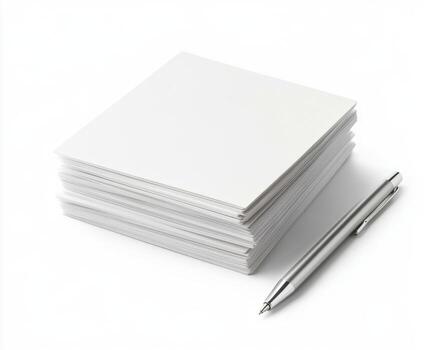 Blank sheets stacked neatly beside a silver pen on a plain white background, ready for writing or drawing photo