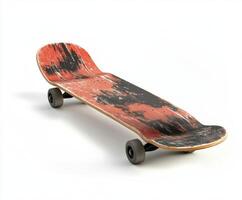 Vintage skateboard with worn red and black design on display against a white background photo