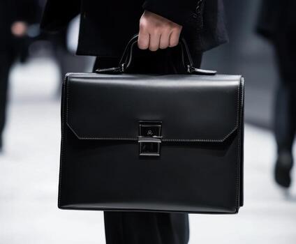 Stylish professional carries sleek black briefcase while walking through modern business environment photo