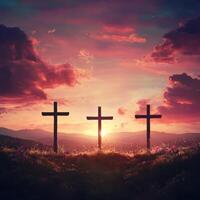 Sunset over three crosses on a hill with vibrant colors and serene landscape photo