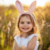 Child with bunny ears smiles joyfully in a sunlit field of grass during golden hour in early spring photo