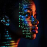 Digital art projection on a young woman's face highlights technology and creativity during a nighttime setting photo