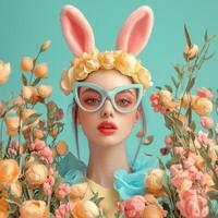 Model with bunny ears and vibrant flowers in a colorful spring-themed setting photo