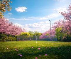 Soccer players practice on a green field surrounded by cherry blossom trees under a bright blue sky photo
