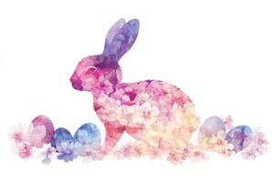 Colorful watercolor rabbit surrounded by Easter eggs and spring flowers during a festive celebration photo