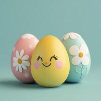 Colorful decorated eggs with cheerful faces and floral designs for spring celebration and festive atmosphere photo