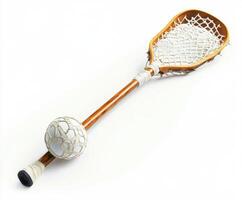 Lacrosse stick with ball resting on the net in a bright setting ideal for sports practice photo