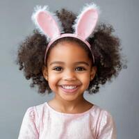Young girl with curly hair wearing bunny ears smiles brightly during a festive celebration in a neutral background photo