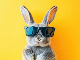 Cute rabbit wearing sunglasses poses against a vibrant yellow background for a fun and playful portrait photo