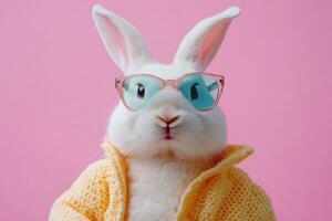 Cute rabbit wearing sunglasses and a cozy yellow sweater against a pink background photo