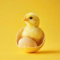 Cute chick hatches from eggshell with a bright yellow background during spring season photo