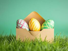 Brightly colored Easter eggs resting in a cardboard box on fresh green grass against a plain backdrop photo