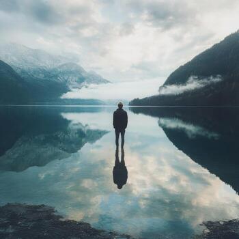 Reflections on a tranquil lake under a cloudy sky in a serene mountain landscape photo