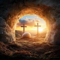 Sunrise over a cave with crosses and a large egg symbolizing hope and renewal in nature photo