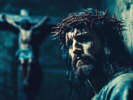 Depiction of a solemn figure reflecting on sacrifice in a dark setting with a crucifix in the background photo