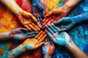Hands in vibrant paint create a colorful display of creativity and collaboration at an art workshop photo