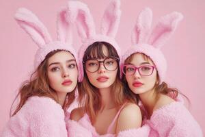 Group of young women wearing pink bunny ear hats and cozy outfits pose together for a fun portrait in a pastel setting photo