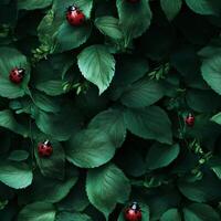 Seamless pattern of vibrant green leaves with bright red ladybugs adding a pop of color in a natural and tranquil design - Variant 2 photo