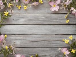 Rustic wooden plank background bordered with vibrant pink and yellow spring flowers creating a fresh seasonal frame - Variant 16 photo