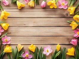 Rustic wooden plank background bordered with vibrant pink and yellow spring flowers creating a fresh seasonal frame - Variant 17 photo